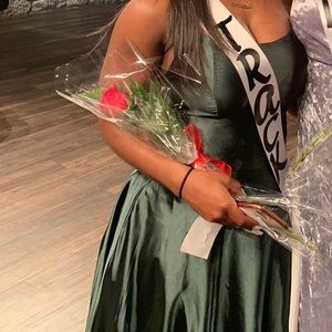 Olive green floor length prom dress w strap back